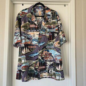 Pacific Legend Hawaiian Shirt Men 2XL Route 66 Car Print USA Road Trip Cotton